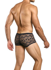 Malebasics mbl84 classic pouch trunks black lace boxer briefs with subtle brown floral pattern front view