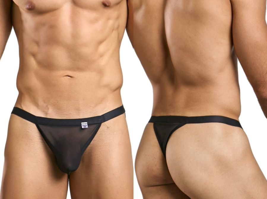 Malebasics mbl85 y sexy thong in black sheer mesh with solid black waistband showing front view