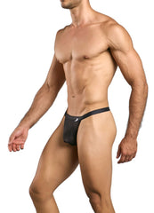 Black men’s thong by malebasics mbl85 y with sleek minimalist design black mesh and small white logo on side back view