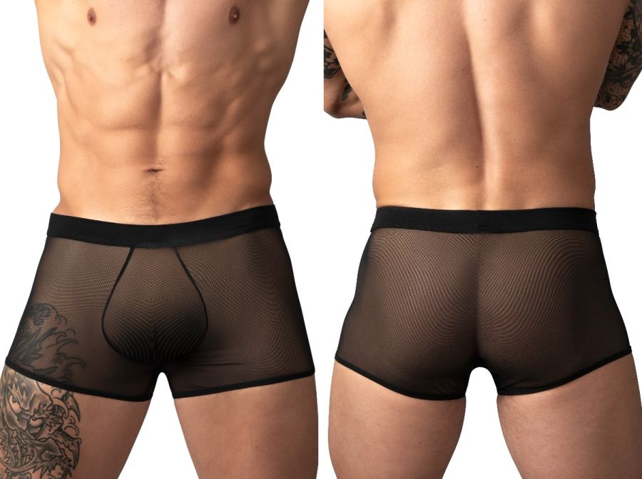 Male Power 145-307 black mesh mini short trunks featuring a semi-sheer fabric design and a contoured front pouch.