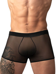 Male Power black mesh mini short trunks featuring a semi-sheer fabric and a contoured pouch design.