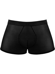 Male Power 145-307 black mesh mini short trunks featuring a semi-sheer fabric and a contoured pouch design.