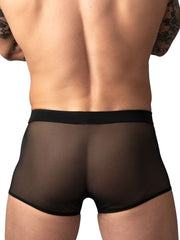 Male Power 145-307 black mini short trunks in sheer, breathable mesh fabric with a solid elastic waistband.