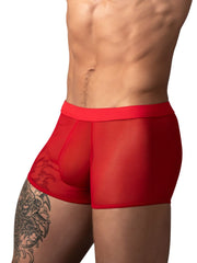 Male Power 145-307 red mesh mini trunks with a wide waistband and semi-sheer fabric design.