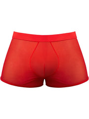Male Power 145-307 red mesh mini short trunks featuring a semi-sheer fabric and a contoured pouch design.