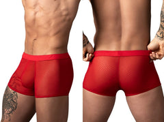 Male Power red mesh mini short trunks featuring a semi-sheer fabric, solid waistband, and form-fitting design.