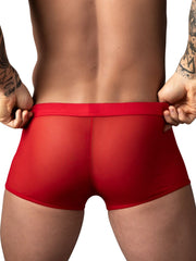 Male Power Mesh 2 Mini Short Trunks in red. A sheer, form-fitting design with a wide elastic waistband.
