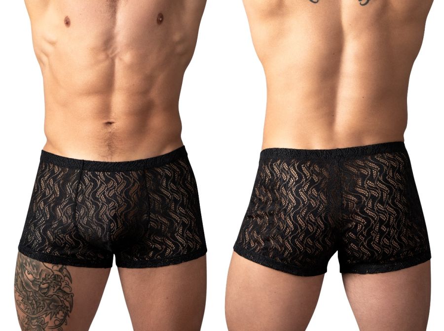 Male Power 150-305 black short trunks featuring a semi-sheer, wavy ripple-patterned lace fabric and fitted waistband.