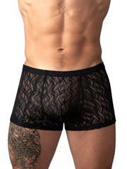 Male Power black Ripple Pouch short trunks featuring a semi-sheer, wavy lace pattern and elasticized waistband.