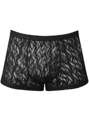 Male Power 150-305 black short trunks in a sheer, wavy ripple-patterned lace with a contoured front pouch.
