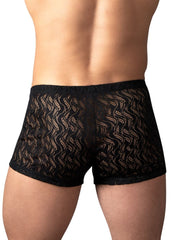 Male Power black ripple pouch short trunks in a sheer, wavy lace pattern with a fitted silhouette.