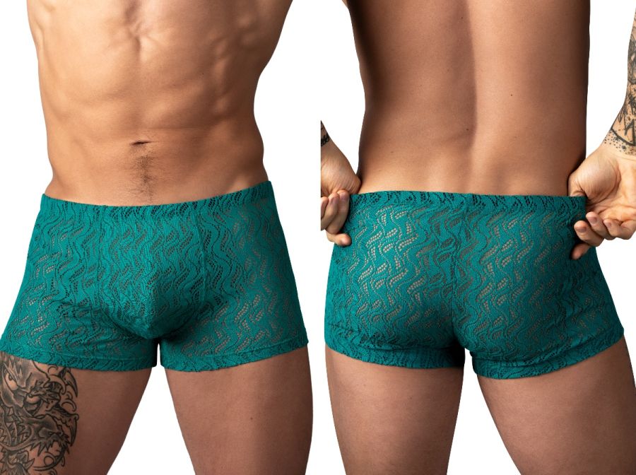 Male Power 150-305 teal short trunks in a sheer, wavy ripple-pattern lace with a supportive front pouch.