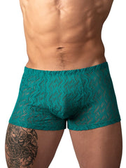 Male Power 150-305 teal short trunks in a sheer, wavy ripple-patterned lace with a contoured front pouch.