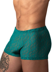 Male Power teal ripple pouch short trunks in a sheer, wavy lace pattern with a form-fitting design.