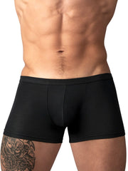 Male Power Eco Cozy Pouch short trunks in black. Fitted design with a supportive, contoured center pouch.