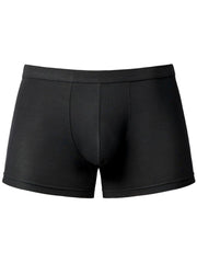 Male Power Eco Cozy Pouch trunks in black. Short-leg style with a supportive, contoured center pouch and elastic waist.
