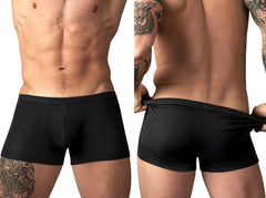 Male Power Eco Cozy black pouch short trunks, shown from front and back views with a fitted, low-rise style.