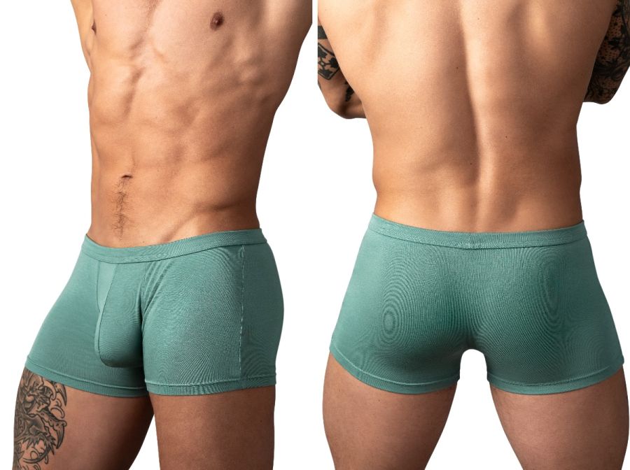 Male Power Eco Cozy Pouch short trunks in green. Form-fitting style with a contoured front pouch and seamless back.