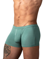 Male Power Eco Cozy green short trunks featuring a supportive, contoured pouch and a wide, elasticated waistband.