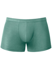 Male Power Eco Cozy Pouch short trunks in green. A classic, solid-colored trunk style with a contoured front pouch.