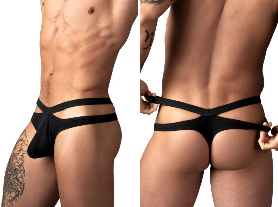 Male Power Eco Cozy cutout thong in black. Low-rise, dual-strap sides with a minimalist, exposed rear design.