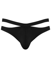 Male Power Eco Cozy cutout thong in black, featuring a double-strap side design with a centered front pouch.