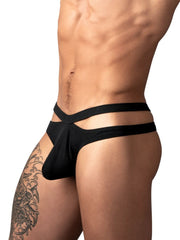 Male Power Eco Cozy cutout thong in black, featuring a dual-strap waistband design and a contoured pouch.