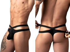 Male Power Eco Cozy cutout thong in black. Low-rise, dual-strap sides with a minimalist, exposed rear design.