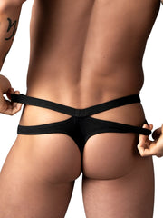 Male Power Eco Cozy black thong featuring double-strap side cutouts and a minimalist design.