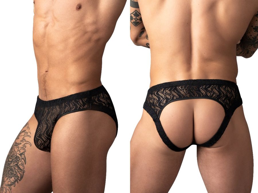 Male Power Ripple Moon jockstrap in black. Sheer, rippled lace fabric with an open-back design.