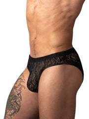 Male Power Ripple Moon jockstrap in black featuring a semi-sheer, wavy lace pattern and an elastic waistband.