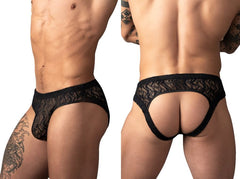 Male Power Ripple Moon jockstrap in black. Sheer, rippled lace fabric with an open-back design.