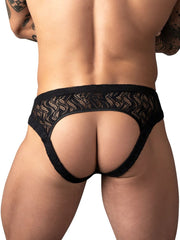 Male Power Ripple Moon black jockstrap in textured lace with an open-back design and wide waistband.