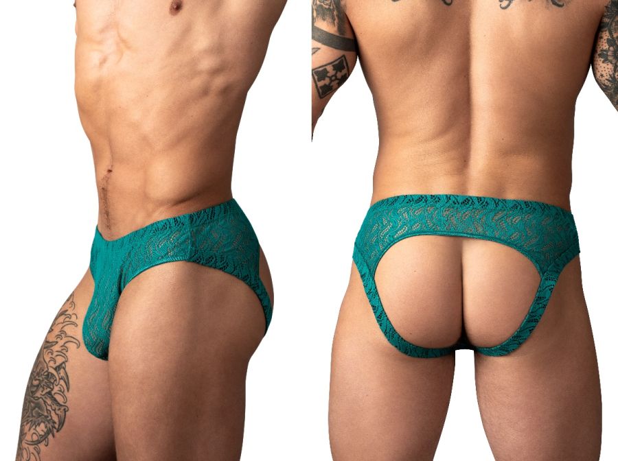 Male Power Ripple Moon jockstrap in teal lace. Features an open-back design and a contoured front pouch.