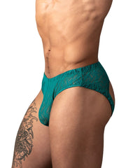 Male Power Ripple Moon jockstrap in teal. Featuring a semi-sheer, wavy lace pattern with a contoured pouch design.
