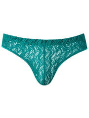 Male Power Ripple Moon jockstrap in teal, featuring a sheer, wavy lace pattern and a contoured front pouch.