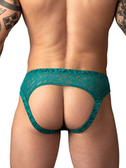 Male Power Ripple Moon jockstrap in teal lace, featuring an open-back design with a scalloped, wave-patterned fabric.
