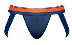 Navy blue male power 349-299 soo cumfy jockstrap with bold orange and white striped waistband in front view