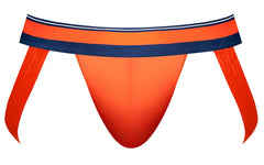 Male power 349-299 soo cumfy jockstrap in vibrant orange with navy blue and white striped waistband for athletic use