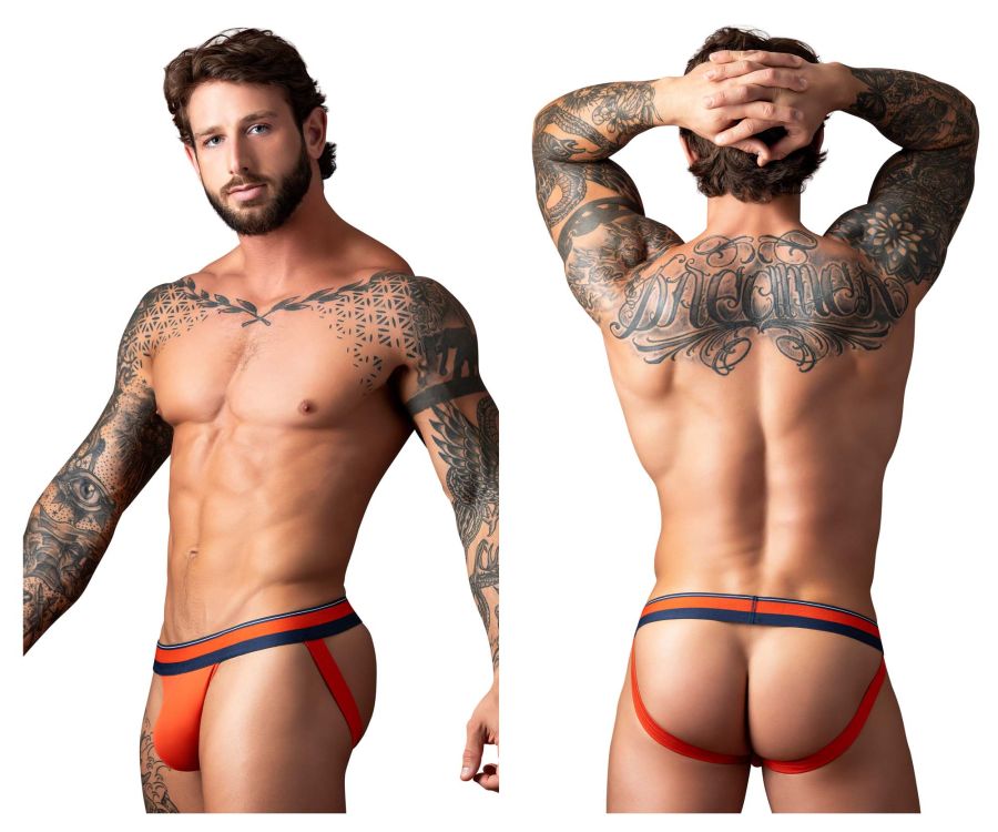 Male power 349-299 soo cumfy jockstrap in orange with navy blue stripes and a snug athletic fit
