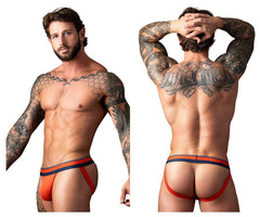 Male power 349-299 soo cumfy jockstrap in orange with navy blue stripes and a snug athletic fit