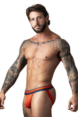 Male power 349-299 soo cumfy jockstrap in orange and navy blue with supportive contoured athletic brief design