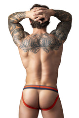Male power 349-299 soo cumfy jockstrap in red and navy blue with snug form-fitting athletic briefs design