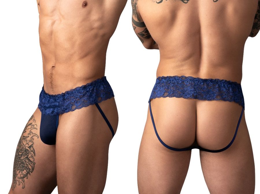 Male Power Sassy Lace Skirt Jock in navy: A jockstrap featuring a wide, floral lace waistband and minimal back straps.