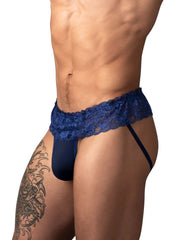 Male Power navy jockstrap with a lace skirt-style waistband and a smooth, solid pouch.