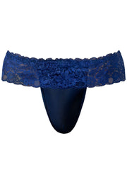 Male Power navy jockstrap with a wide, sheer floral lace waistband and a smooth, solid satin-feel front pouch.