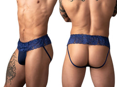 Male Power Sassy Lace Skirt Jock in navy: A jockstrap featuring a wide, floral lace waistband and minimal back straps.