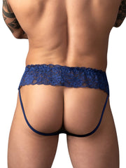Male Power Sassy Lace Skirt Jock in navy: A jockstrap featuring a wide, floral lace waistband and thin back straps.
