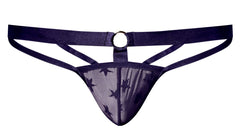 Male power 386-291 love star jock in navy blue star-patterned mesh thong with central metal ring purple color
