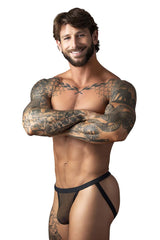 Male power 388-11c fishnet 2 jockstrap in black features black mesh briefs with a solid black waistband front view